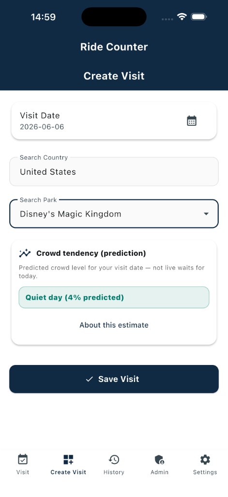Create Visit screen in Ride Counter