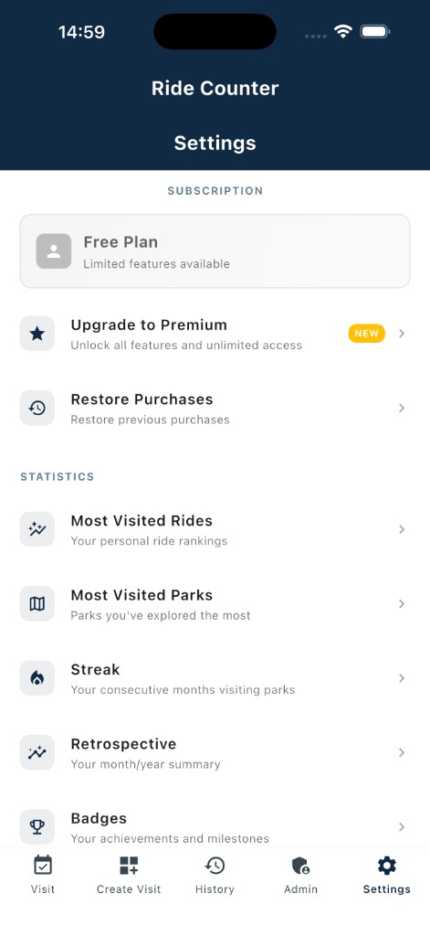 Settings screen in Ride Counter